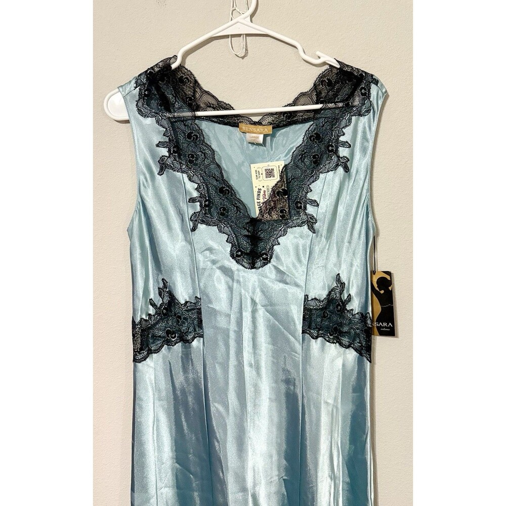 VTG 90s Sensara Aqua Blue Satin Lace Maxi Slip Dress Nightgown Sz L Deadstock